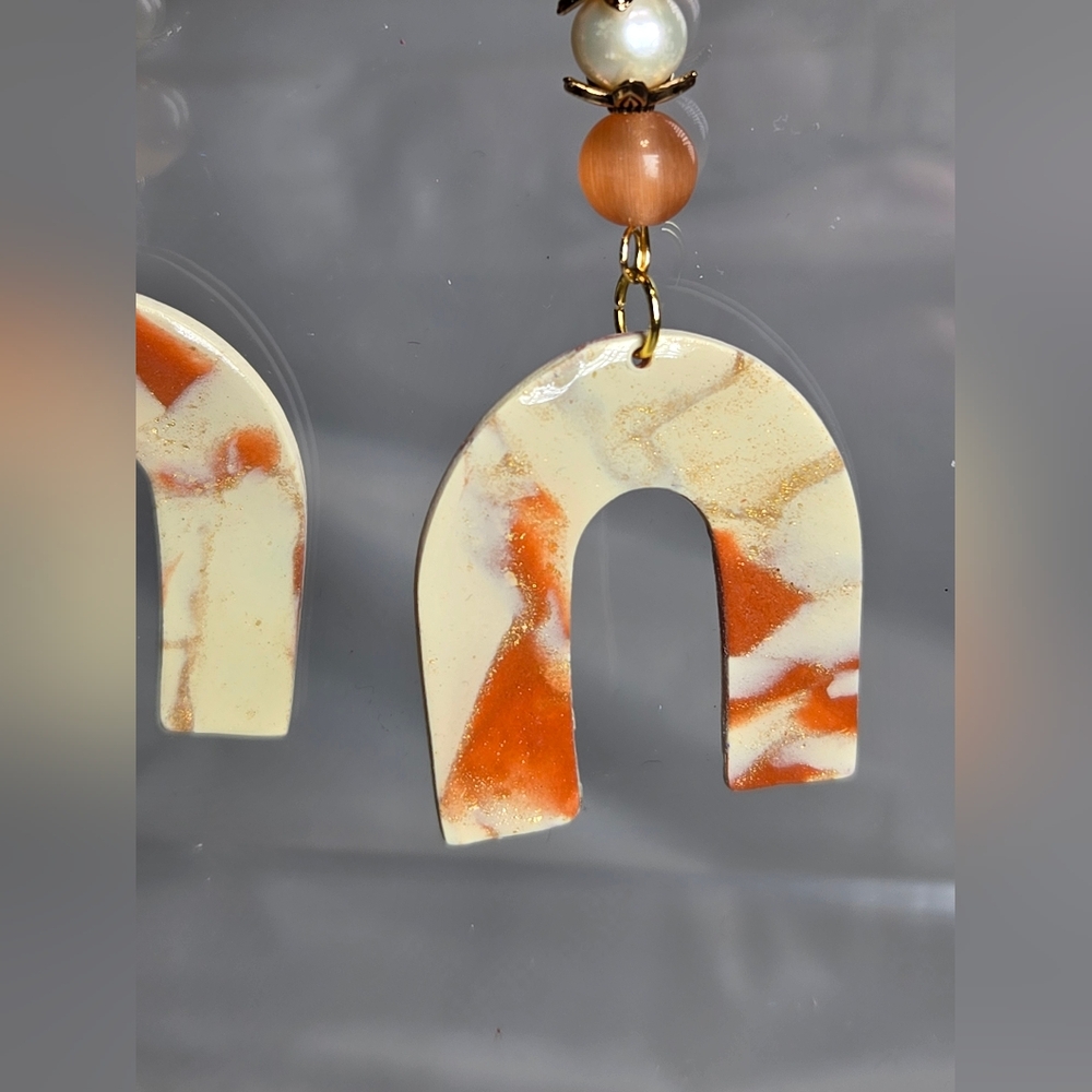 #B263- Handmade Cream and Cinnamon Arch Earrings with Pearls - Picture 4 of 5